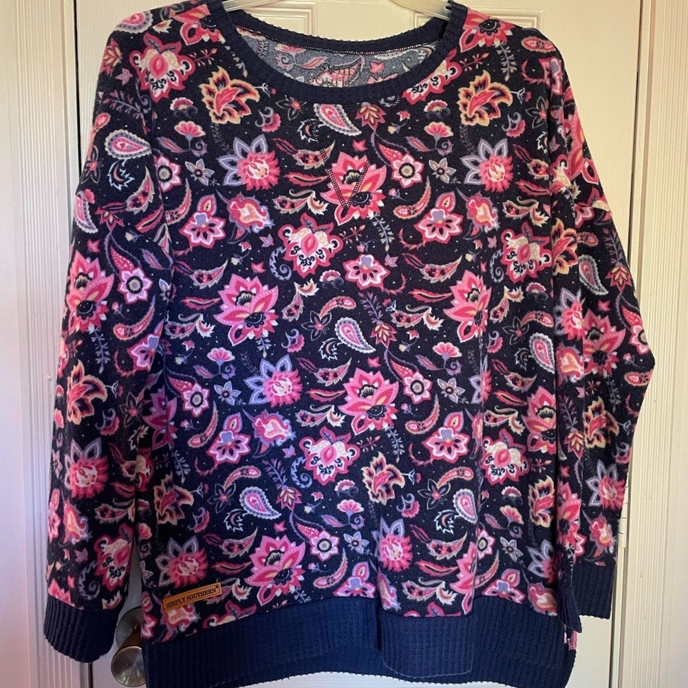 New Simply Southern Sweatshirt Sweater Blue pink paisley Bloom Large Xl